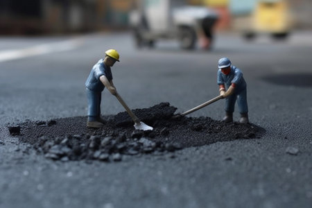 Fresh asphalt construction with the employee side of the road : Generative AIの素材