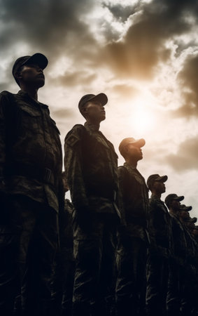 Military boots soldiers standing in line : Generative AIの素材