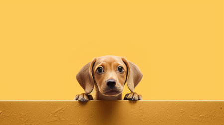 Portrait of red cute young beagle puppy laying near the iron bowl on the yellow background Copy space : Generative AIの素材