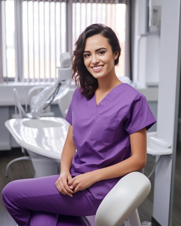 Portrait of young attractive dentist doctor with long curly hair in violet medical uniform posing in the cabinet Copy space : Generative AIの素材