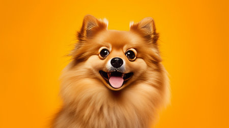 Portrait of little red spitz puppy posing on a yellow background with copy space : Generative AIの素材