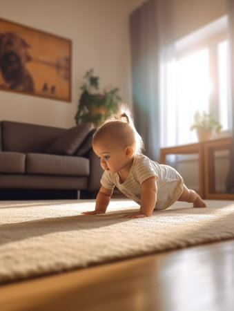 a small child crawls on a developing colored mat High quality photo : Generative AIの素材