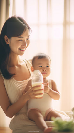 Beautiful young mother with tail in white shirt smiling to her newborn baby and holding the bottle of milk Copy space Focus is at the baby : Generative AIの素材