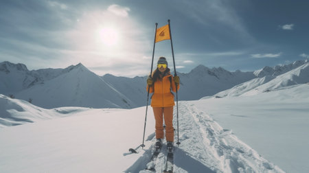 Girl on skis in soft snow on a sunny day in the mountains : Generative AIの素材
