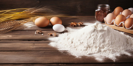 Aesthetic composition with pastry, eggs and flour on wooden background. Homemade pastry in rustic style. Wooden background with ingredients and copy space. Vintage compos : Generative AIの素材