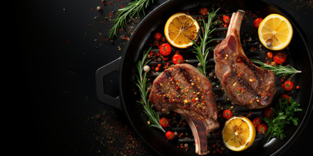 BBq Grilled lamb mutton chops steaks in a pan. Black background. Top view. Copy space : Generative AIの素材