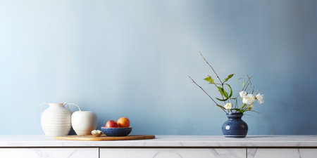 Copy space on white stone marble table top in modern minimalistic kitchen. empty countertop for cooking and eating food. blue furniture with provence decor in stylish int : Generative AIの素材