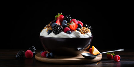 Breakfast cereal granola with berries and greek yogurt on a dark background. Bowl with yogurt, granola and fresh berries on a black plate. Healthy breakfast with wooden s : Generative AIの素材
