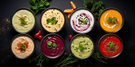 Assortment of colored vegetable cream soups. Dietary food. On a black stone background. Top view. Free copy space. : Generative AIの素材