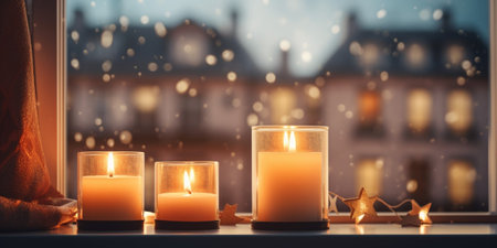 Beautiful burning candles and fairy lights on windowsill indoors : Generative AIの素材