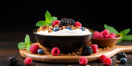 Breakfast cereal granola with berries and greek yogurt on a dark background. Bowl with yogurt, granola and fresh berries on a black plate. Healthy breakfast with wooden s : Generative AIの素材