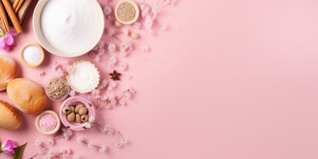 Bright pastel pink Background with ingredients for home baking decorated with copy space for text, flat lay, Top view : Generative AIの素材