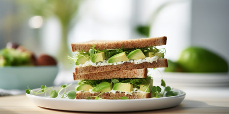 Close up of sandwiches with avocado in kitchen at home, copy space : Generative AIの素材