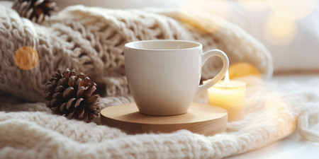 Cozy winter morning at home. Hot tea in cup, knitted plaid, gifts, candles, christmas tree and modern interior details. Winter Flat lay, cozy still life composition, hygg : Generative AIの素材