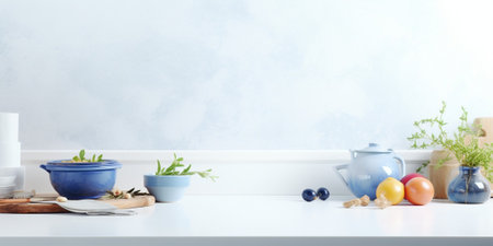 Copy space on white stone marble table top in modern minimalistic kitchen. empty countertop for cooking and eating food. blue furniture with provence decor in stylish int : Generative AIの素材