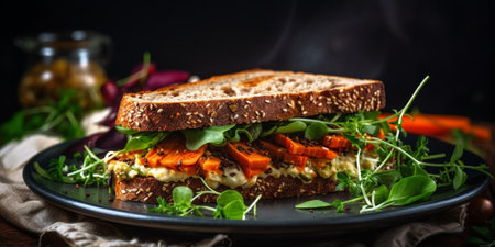 Delicious spicy sandwich of whole grain bread with fried carrots, hummus, garlic and cilantro. Healthy breakfast. Vegetarian cuisine. Selective focus and copy space : Generative AIの素材