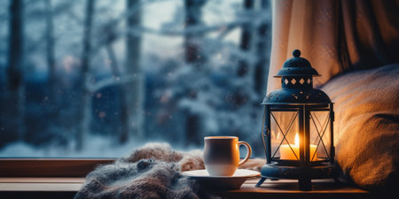 Cozy lanterns on a windowsill, with winter landscape seen through the window. : Generative AIの素材