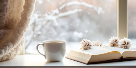 Coffee cup, open book, marshmallow and plaid on a window sill in winter. Concept warm and cozy home decor : Generative AIの素材