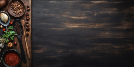 Dark wooden food background. Wooden background with ingredients in rustic style. Food background with empty place. Dark wooden table with copy space for menu. Concept foo : Generative AIの素材