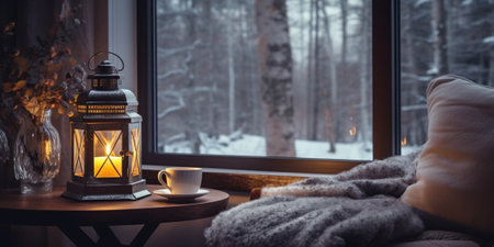 Cozy lanterns on a windowsill, with winter landscape seen through the window. : Generative AIの素材