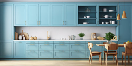 Front view of well-organized modern kitchen with blue wooden facade on cabinet. new furniture with drawers and shelves. a lot of kitchenware and decor elements in room : Generative AIの素材