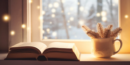 Coffee cup, books, sparkle fairy lights on window sill on blurred background. Christmas season. Concept warm and cozy home, reading books, winter holidays, hygge, evening : Generative AIの素材
