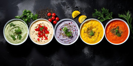 Assortment of colored vegetable cream soups. Dietary food. On a black stone background. Top view. Free copy space. : Generative AIの素材