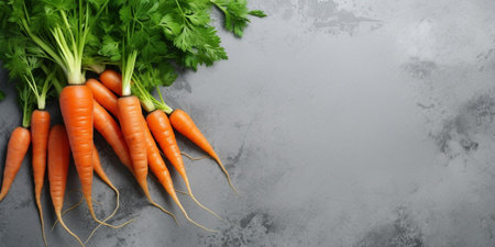 Bunch of fresh carrots on gray stone background top view. Free space for your text : Generative AIの素材