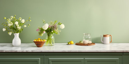 Clean and empty marble countertop, green vintage kitchen furniture with lots of flowers and bowl of strawberries, pair of white hanging pendant lights, various crockery i : Generative AIの素材