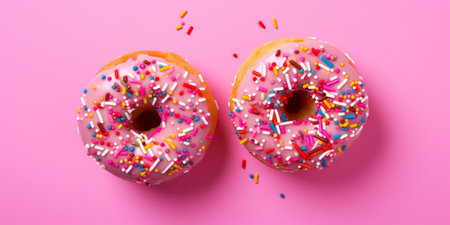 Donuts with sprinkles on pink background. Sugar, calories, homemade sweets concept. top view copy space : Generative AIの素材