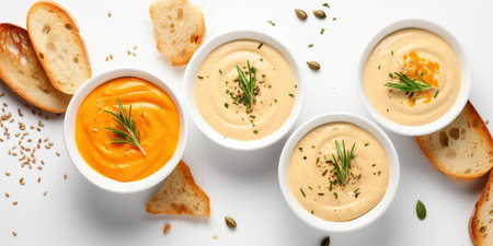 Flat-lay of creamy homemade soup in plates with bread slices over white plain table background, top view, copy space. Autumn Winter creamy vegan soups, vegetarian food me : Generative AIの素材