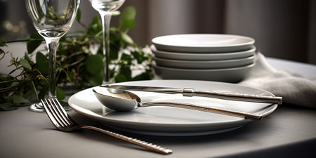Holiday table place setting. Empty plate spoon fork and knife on table. Elegant table set with glasses. Grey dishes on white kitchen. Tableware. : Generative AIの素材