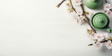 Green Tea and Cherry Blossom on white table, top view, copy space. Japanese cast iron teapot and cups, asian green tea composition with sakura bloom and petals. : Generative AIの素材