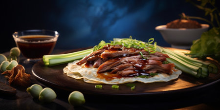Creatively lit succulent classic Chinese shredded Peking duck with Hoisin sauce and flour pancakes with sliced scallions and cucumber garnish. Copy space. : Generative AIの素材