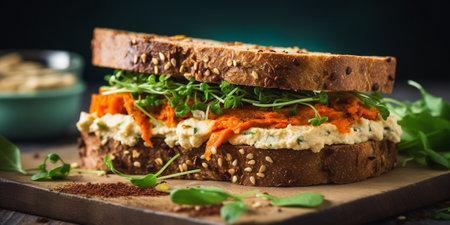 Delicious spicy sandwich of whole grain bread with fried carrots, hummus, garlic and cilantro. Healthy breakfast. Vegetarian cuisine. Selective focus and copy space : Generative AIの素材