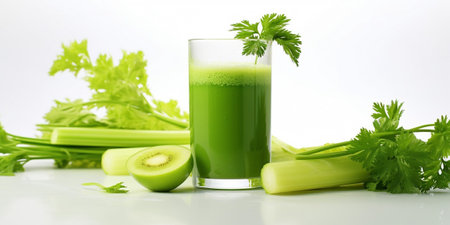 Glass of celery juice and fresh vegetables on white table, space for text : Generative AIの素材