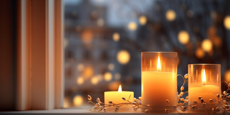 Beautiful burning candles and fairy lights on windowsill indoors : Generative AIの素材