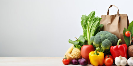 Healthy food background. Healthy vegan vegetarian food in paper bag vegetables and fruits on white, copy space, banner. Shopping food supermarket and clean vegan eating c : Generative AIの素材
