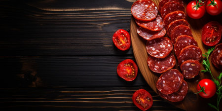 Spanish traditional tapas Sliced chorizo salami, chorizo sausage. wooden background. Top view. Copy space : Generative AIの素材