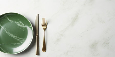 Empty green plate with tablecloth and fork on white marble table : Generative AIの素材