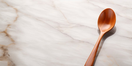 Disposable wooden fork or can be use as dessert spoon. Go green material, selective focus, close up product concept on white marble background : Generative AIの素材