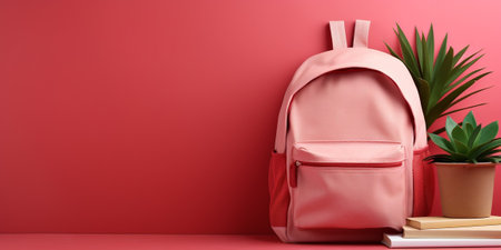 School backpack with stationery supplies on pink background : Generative AIの素材