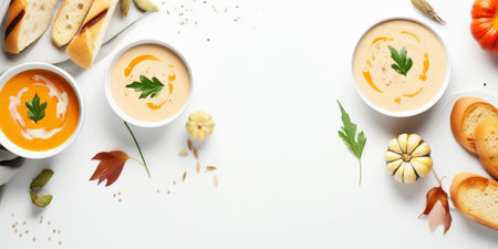 Flat-lay of creamy homemade soup in plates with bread slices over white plain table background, top view, copy space. Autumn Winter creamy vegan soups, vegetarian food me : Generative AIの素材