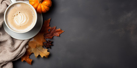 Coziness of being at home in autumn. Above view photo of a cup of hot coffee, patchy blanket, pumpkin-shaped candles, maple foliage and aromatic spices on grey isolated b : Generative AIの素材