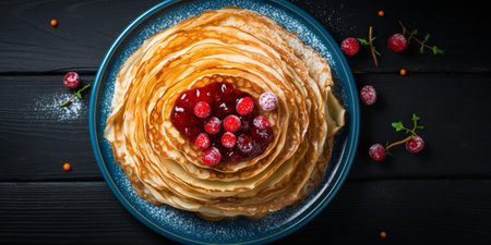 Russian Ukrainian European holiday Maslenitsa. Traditional thin crepes pancakes, with berrry, jam and honey toppings on wooden blue table, top view copy space : Generative AIの素材