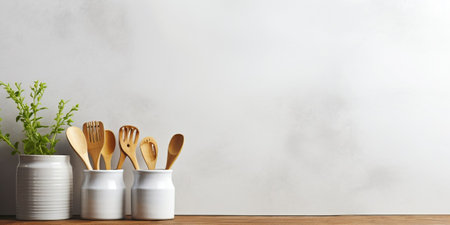 Kitchen utensils background with a blank space for a text, home kitchen decor concept, front view : Generative AIの素材