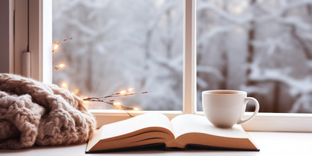 Coffee cup, open book, marshmallow and plaid on a window sill in winter. Concept warm and cozy home decor : Generative AIの素材