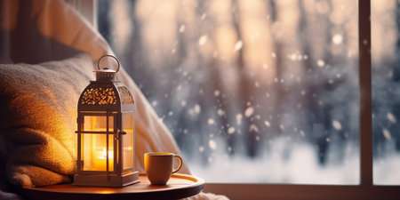 Cozy lanterns on a windowsill, with winter landscape seen through the window. : Generative AIの素材