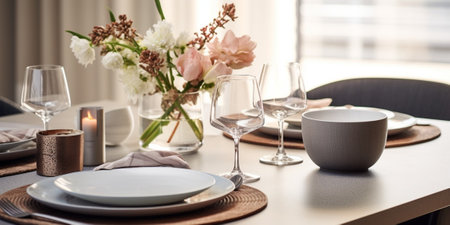 Stylish dining table composition with elegant tableware and beautiful kitchen and personal accessories. Beauty in the details. Template. : Generative AIの素材