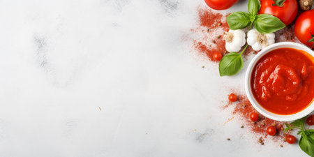 Homemade tomato sauce with spices and aromatic basil on white marble table top view. Copy space for your text. Recipe book cover concept. : Generative AIの素材